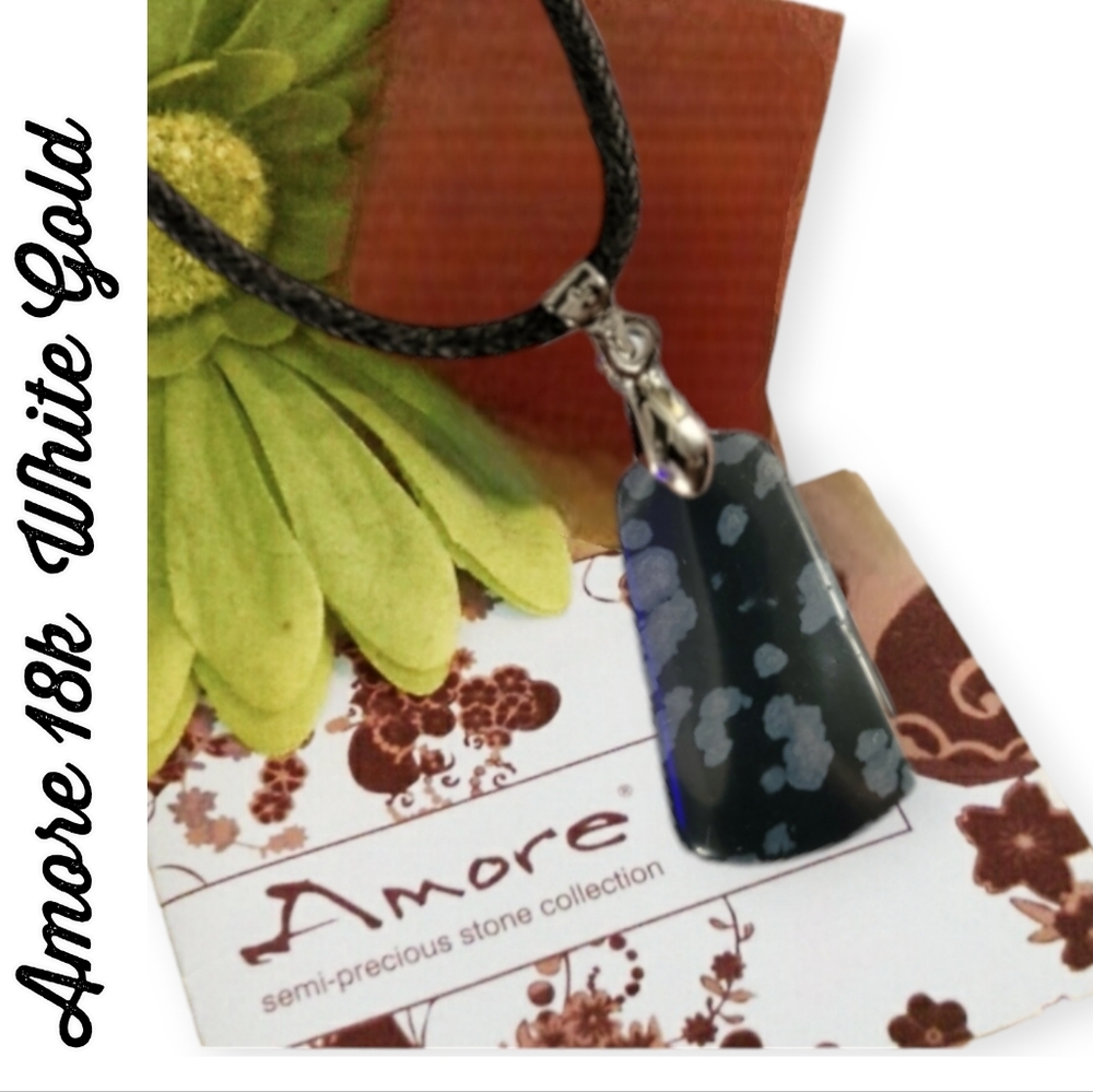 18k White Gold & Natural Black Snowflake Obsidian Trapezoid Stone Pend Necklace
